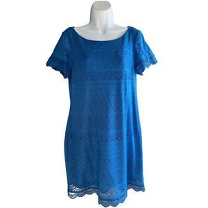 LONDON TIMES Lace Sheath Dress Blue, Short Sleeve Round Neck Size 10